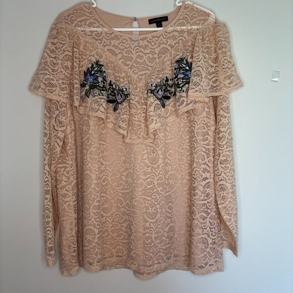 LANE BRYANT Lace Pullover Women 18/20 Peach Green Blue Floral Keyhole Stretch - Picture 4 of 6